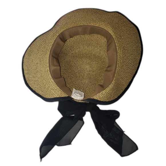 Shade Shack Tan Paper Straw Hat With Sheer Black Scarf Bow Womens Size S/M - Picture 4 of 9